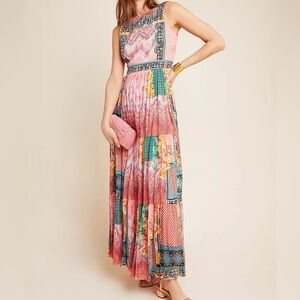 Anthropologie- Alessandra - Pink and Green Tiered Halter Maxi Dress